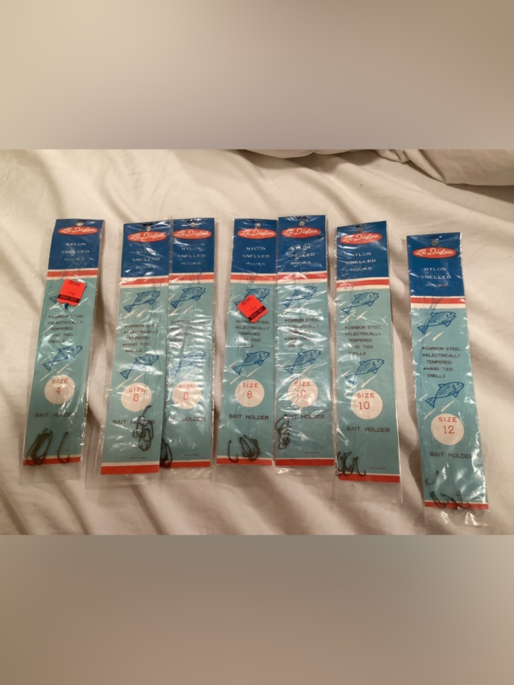 VTG LM. Dickson snelled bait hooks 1960s 7 complete Pkg.s RARE FIND